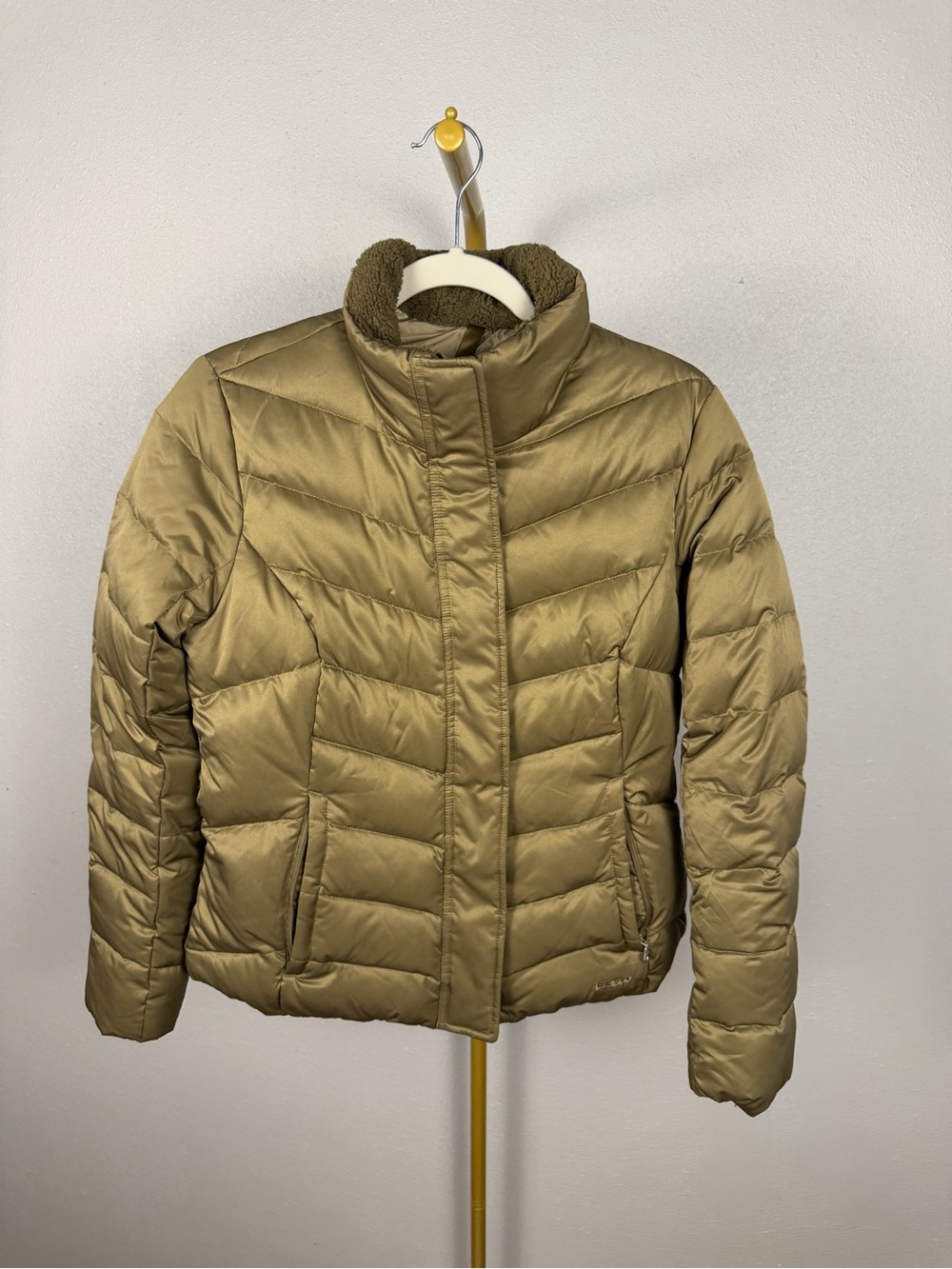 Eddie Bauer EB550 Goose Down Puffer Jacket Fleece Collar S Olive Green